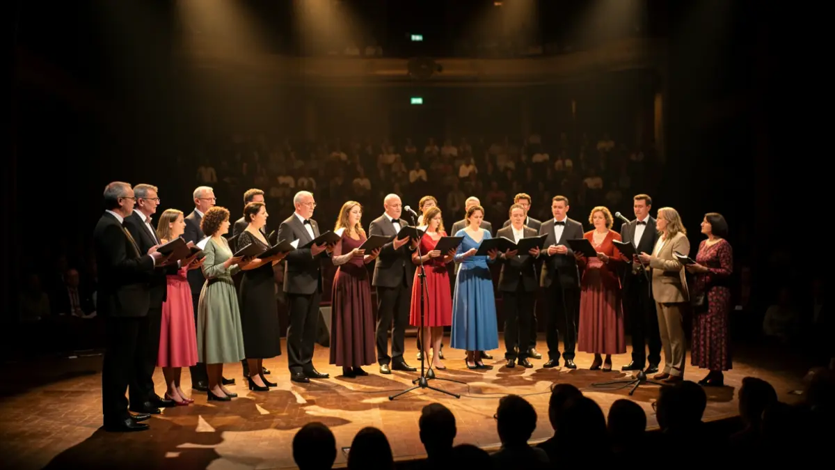 Imagen genérica de un coro de gospel actuando en un escenario con focos cálidos y público difuminado.