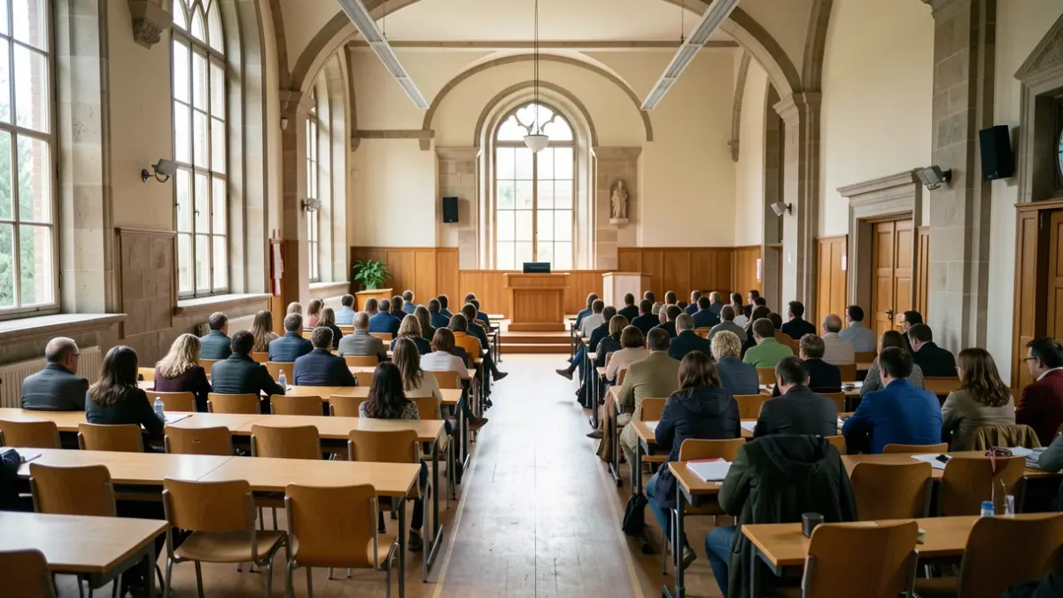 Imagen genérica de un aula universitaria vacía con asientos y atril.
