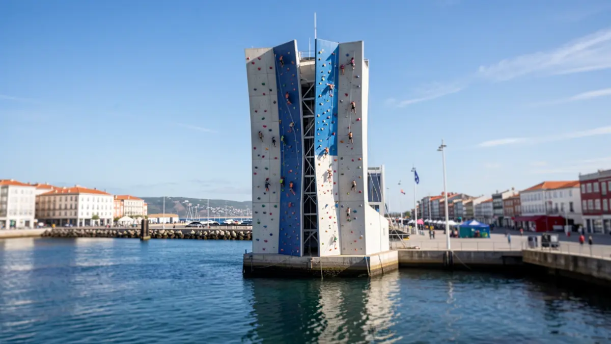 Imaxe dun muro de escalada sobre o mar no porto da Coruña durante un festival de deportes urbanos.