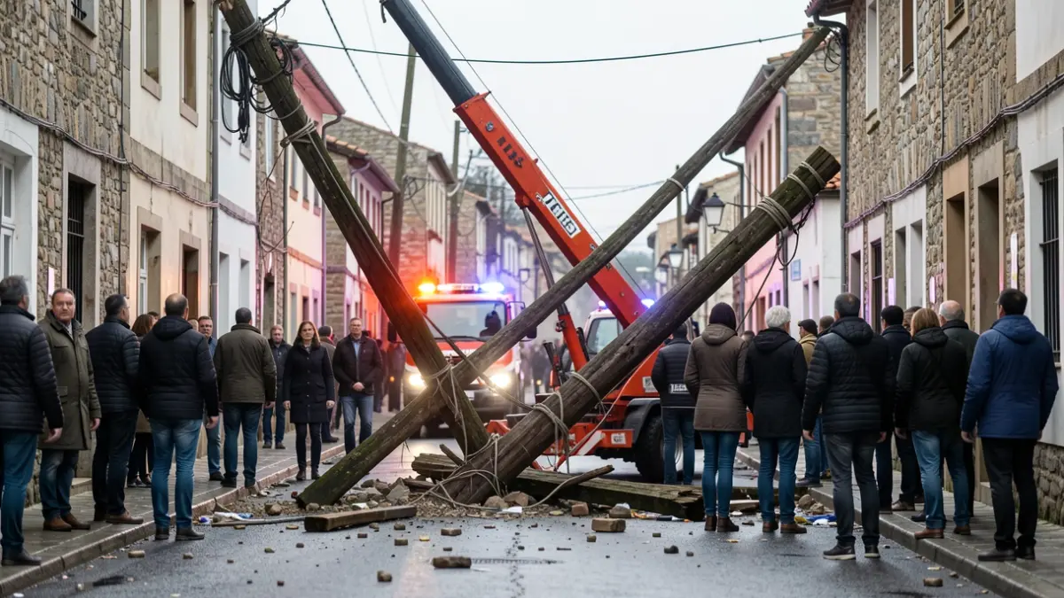 Imagen de un poste eléctrico dañado tras una colisión con una grúa en una calle de Sarria.