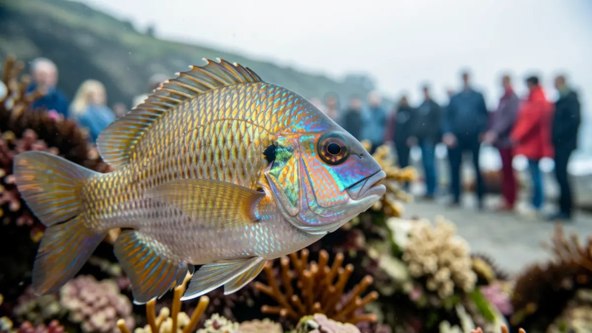 Primer plano de un pez óseo marino con colores vibrantes y escamas detalladas, contra un fondo difuminado de flora marina.