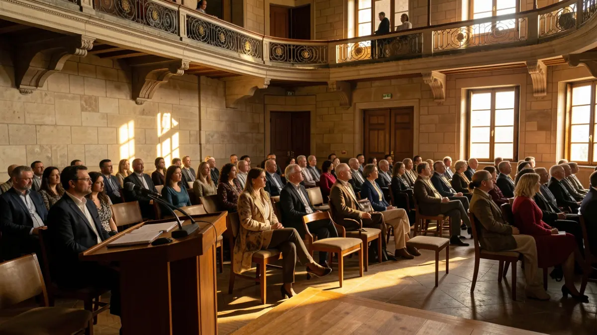Imaxe dun salón de actos con ambiente solemne, micrófono e cadeiras baleiras.