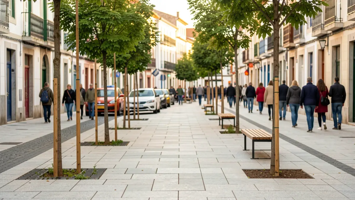 Imagen de una calle en Baiona siendo transformada en una plaza peatonal con árboles y bancos.