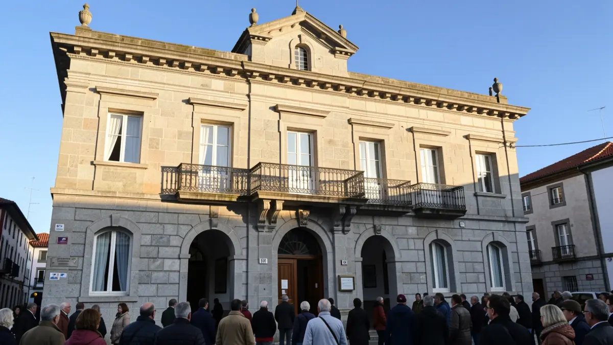 Imagen genérica de un ayuntamiento gallego de granito con balcón de hierro y luz solar.
