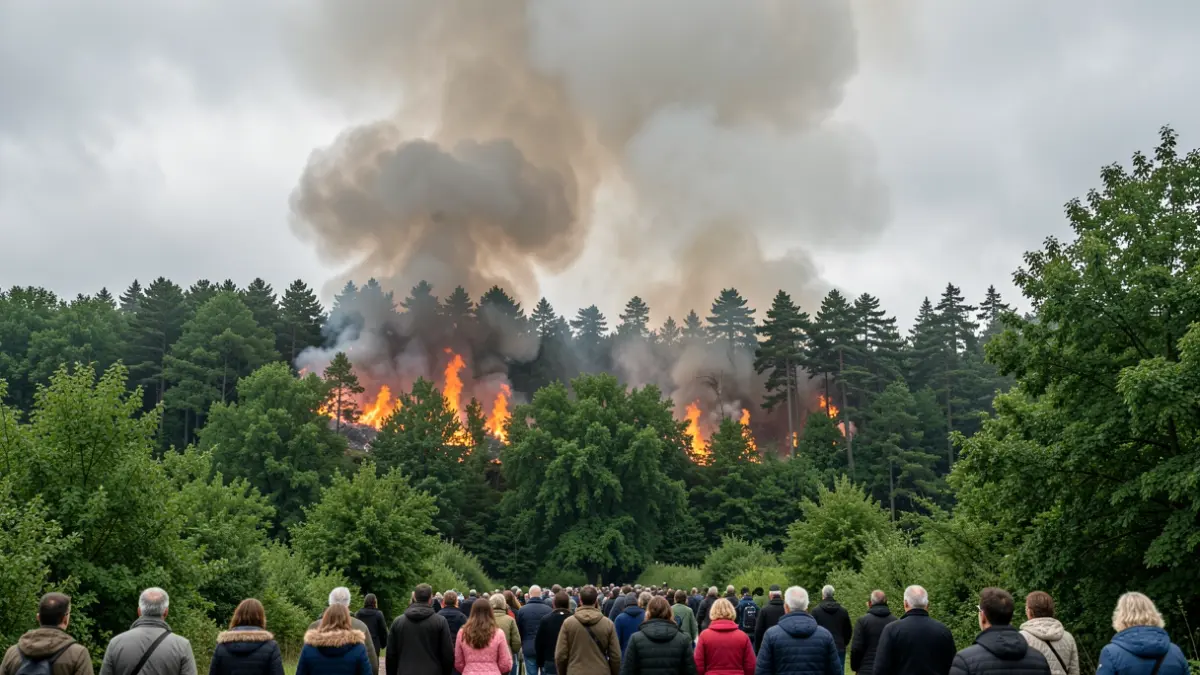Imagen de un incendio forestal activo en un bosque gallego con humo denso en el cielo.