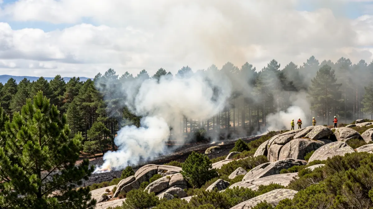 Imagen genérica de un incendio forestal en Galicia con humo y bomberos a distancia.