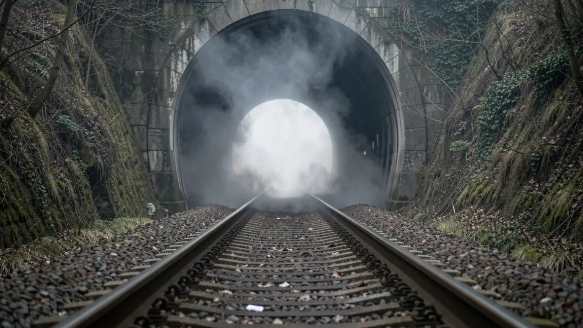 Imagen de un túnel ferroviario con la entrada rodeada de niebla y una ligera columna de humo.