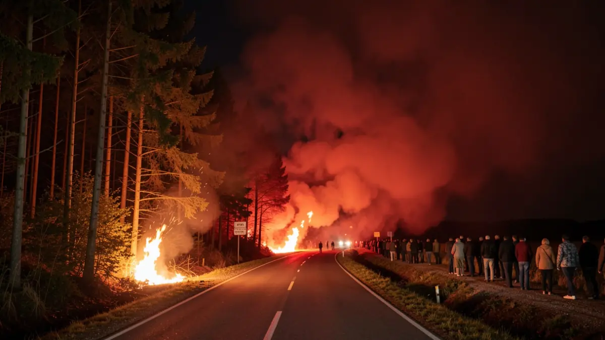 Imagen de un incendio forestal con llamas acercándose a la carretera OU-540 por la noche.