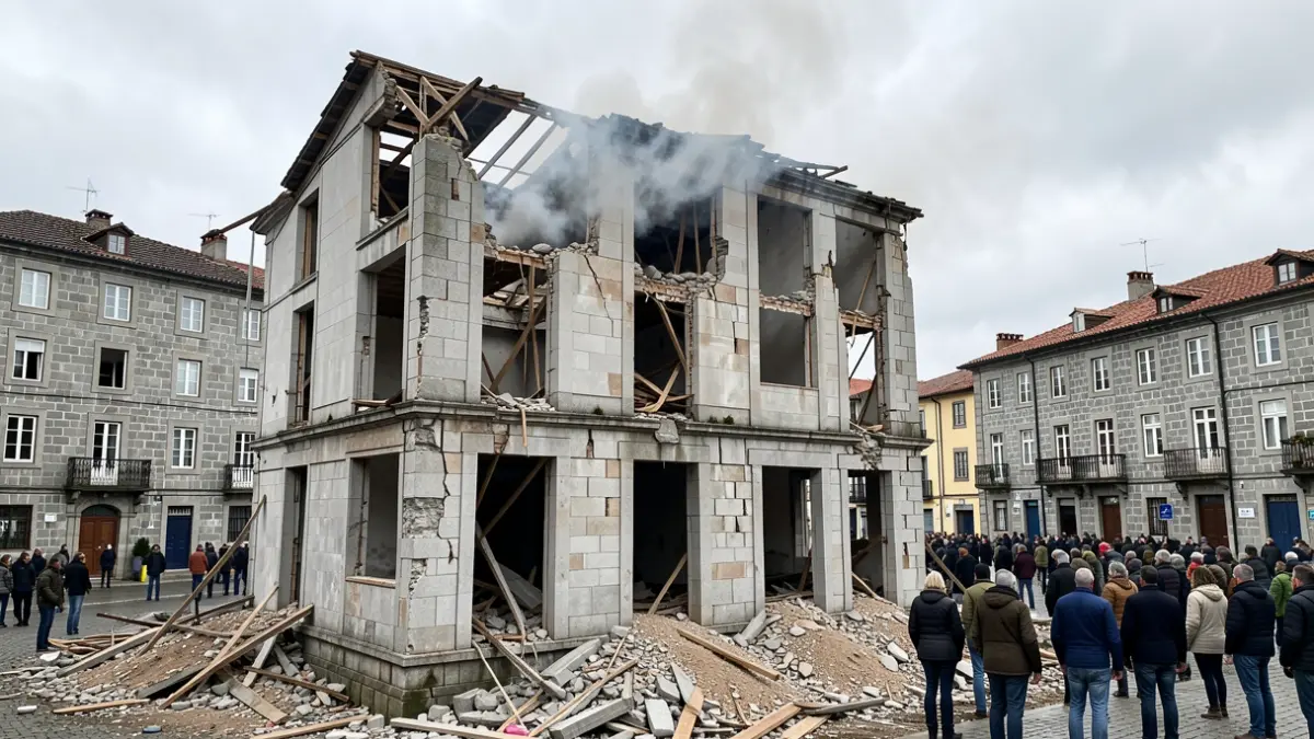 Imagen de un edificio inacabado en Sarria con humo saliendo de la parte superior.
