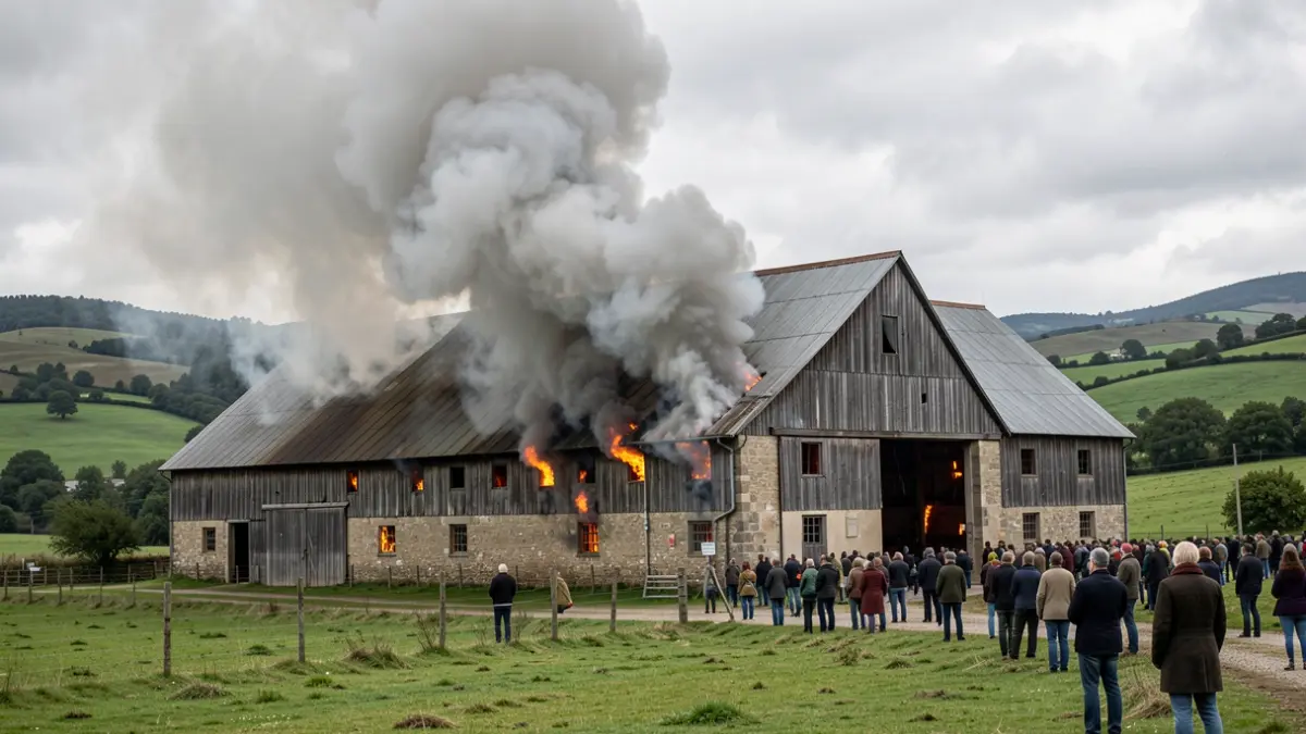 Imagen de un granero en una granja gallega con humo y llamas.