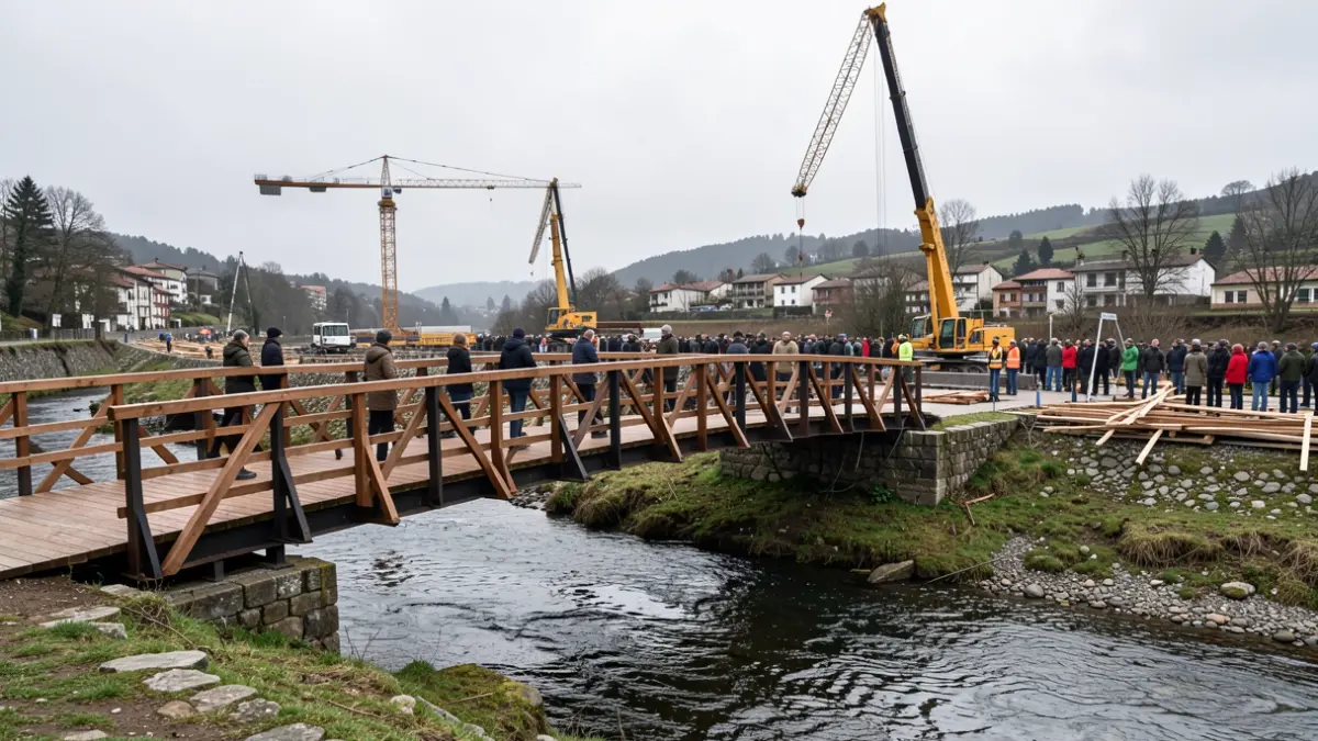 Imaxe dunha pasarela de madeira e aceiro en construción sobre un río en Galicia.