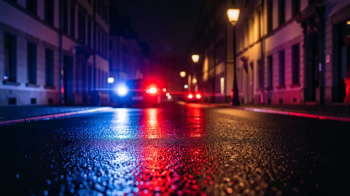 Imaxe xenérica de luces de emerxencia policiais reflectidas no asfalto.