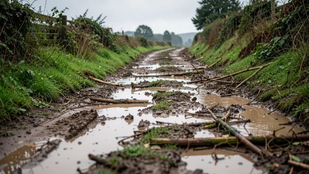 Imaxe dun camiño rural en Galicia cuberto de barro e auga tras unha forte choiva.