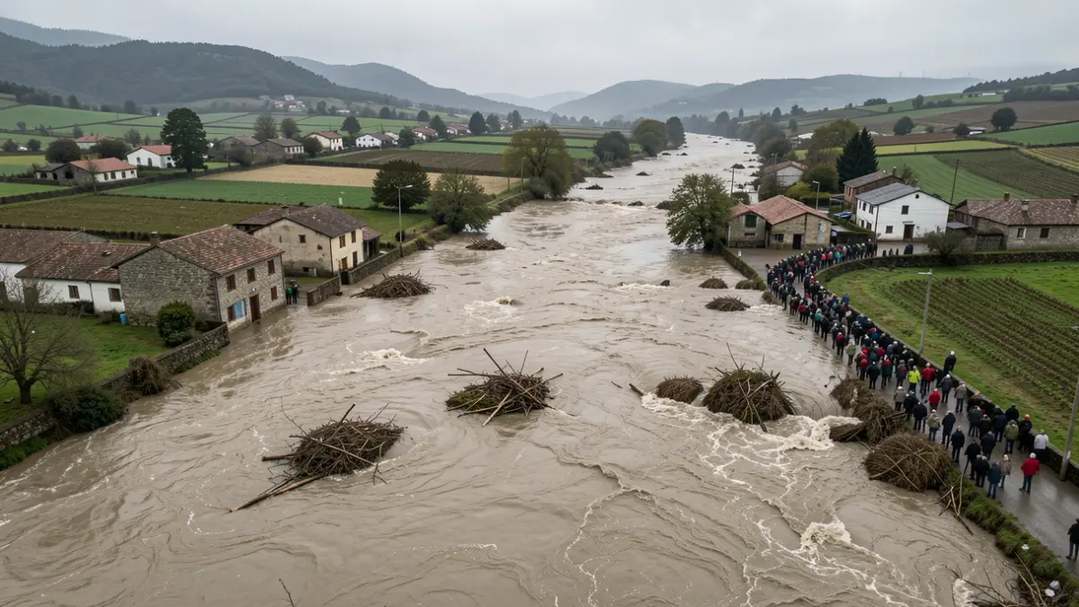 Vista aérea de un río desbordado anegando casas rurales y tierras de cultivo en Galicia.