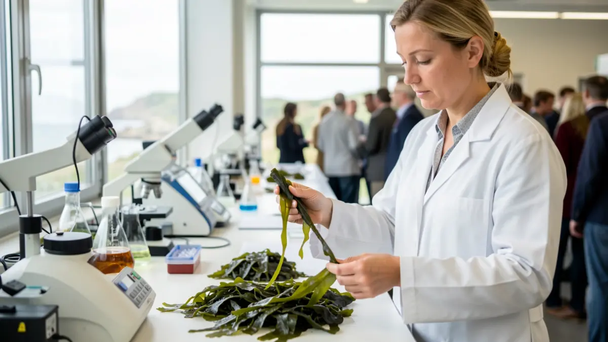 Imaxe xenérica dunha investigadora en laboratorio con macroalgas.