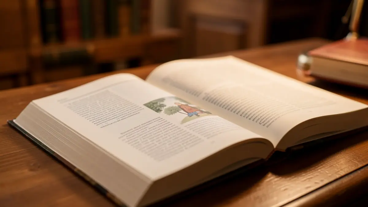 Primeira páxina dun libro aberto sobre unha mesa de madeira, con luz suave.