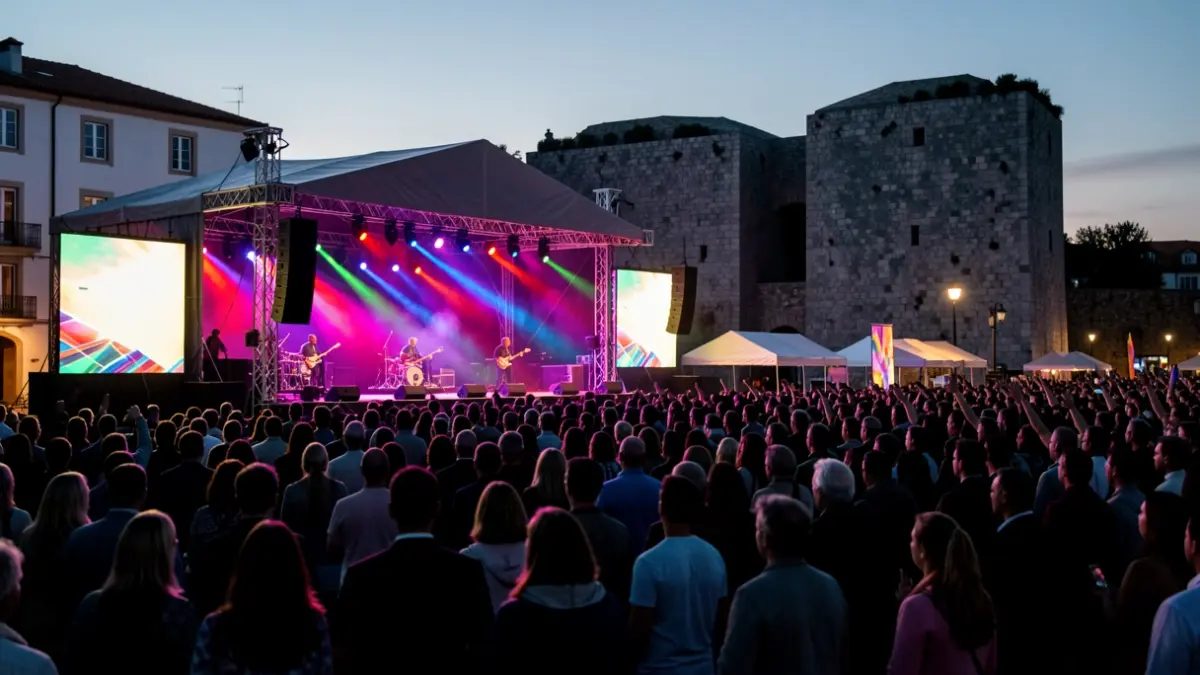 Imaxe xenérica dun festival de música ao aire libre ao anoitecer en Galicia, con luces de cores e siluetas de público.