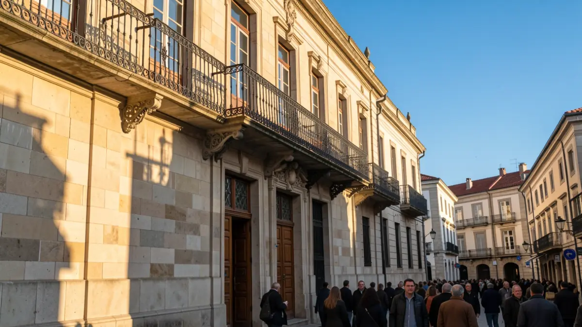 Imaxe xenérica dunha casa consistorial de pedra galega con balcón de ferro, á luz da tarde.