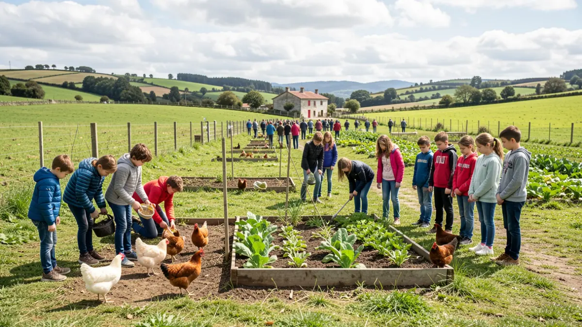 Nenos e nenas participando en actividades de granxa nunha contorna rural galega.