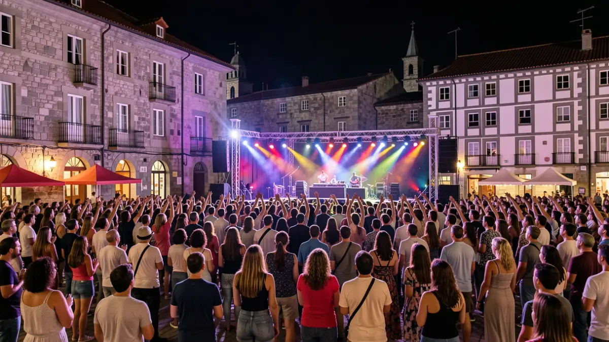Imaxe dun festival de música ao aire libre pola noite nunha praza, con luces de cores e público.