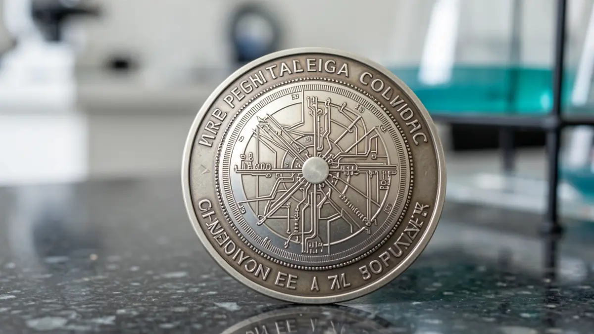 Primer plano de una medalla de premio científico sobre granito oscuro.