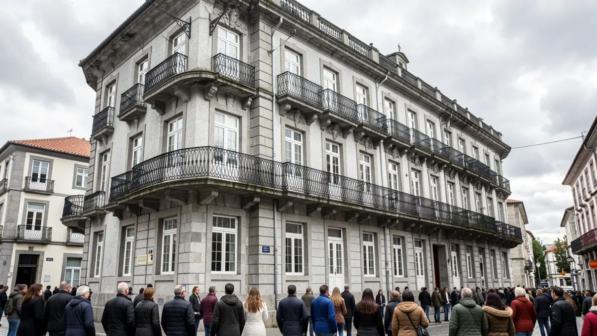 Imagen genérica de un edificio institucional de granito gallego con balcones de hierro.