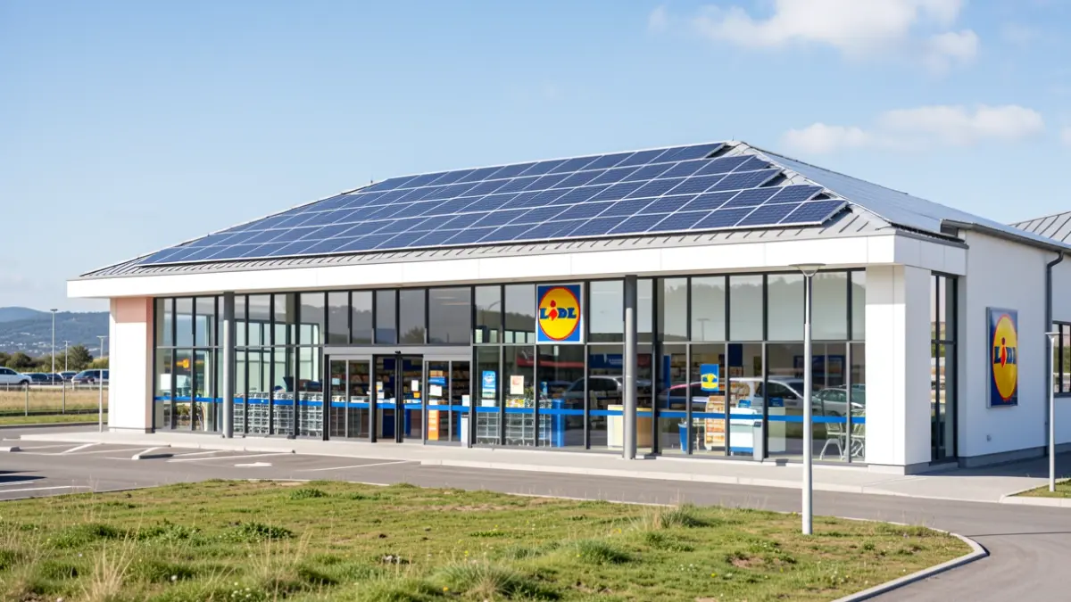 Imagen genérica de un supermercado Lidl moderno con paneles solares.