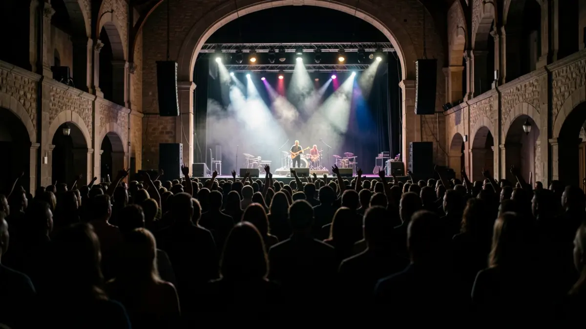 Imagen de una sala de conciertos gallega con focos en el escenario y público difuminado.