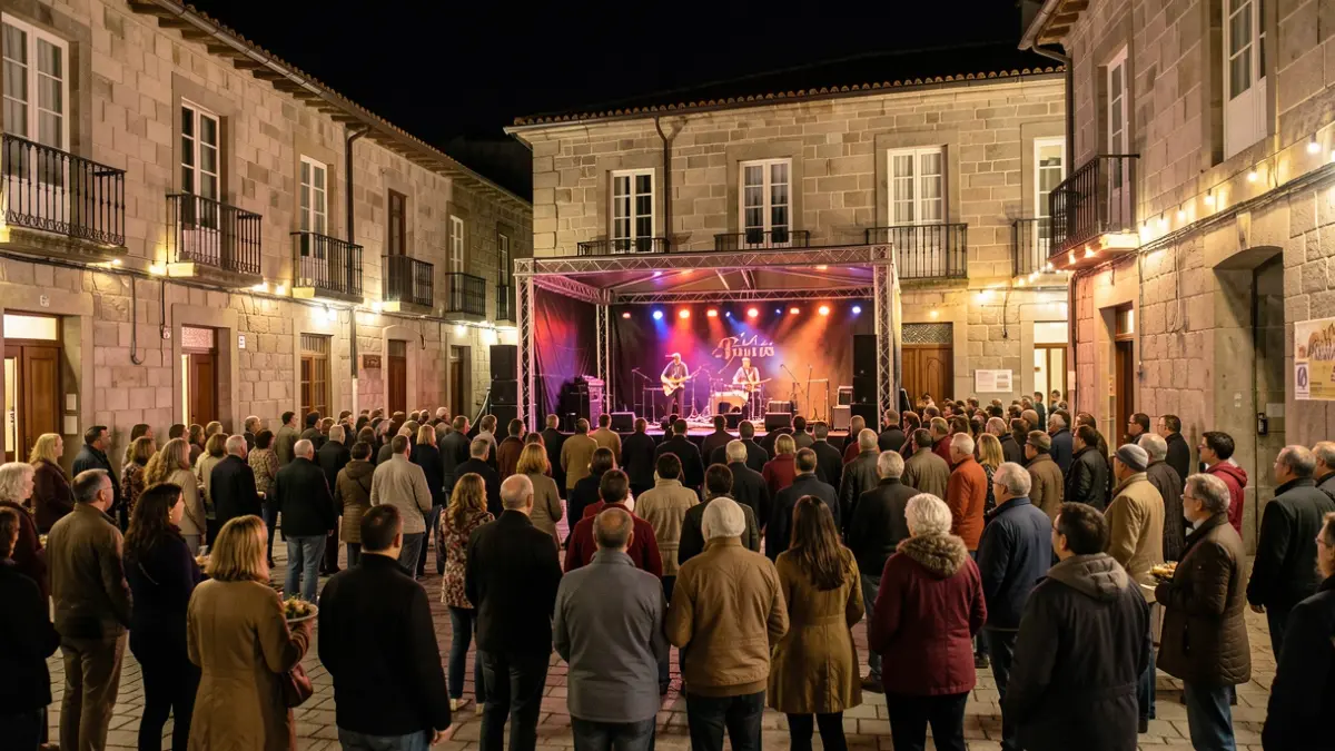 Imaxe dunha praza galega tradicional pola noite, con un escenario para un concerto.