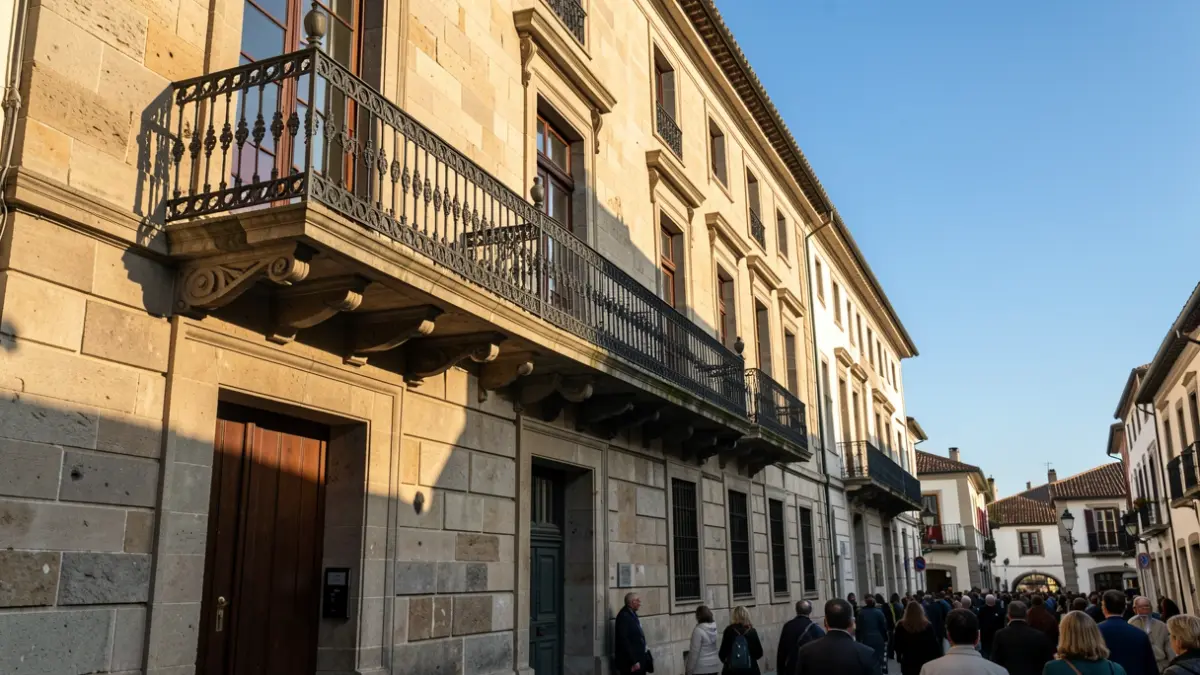 Imaxe xenérica dun concello de Galicia con balcón de ferro e luz solar.