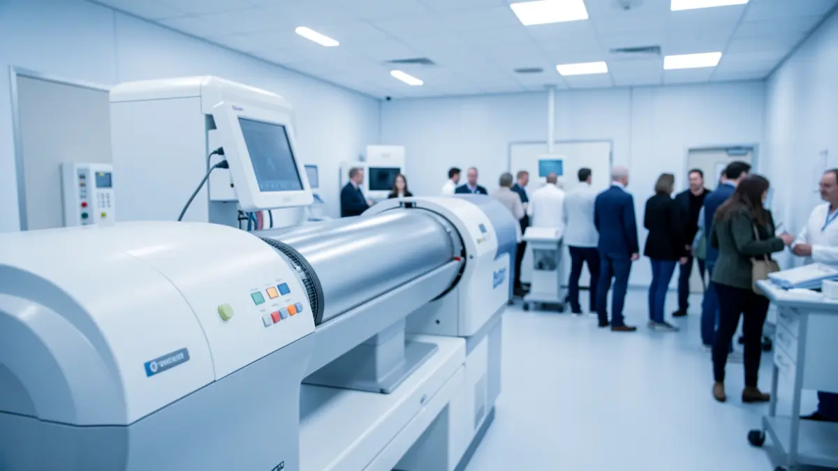 Imaxe dun acelerador lineal nunha sala de radioterapia dun hospital.