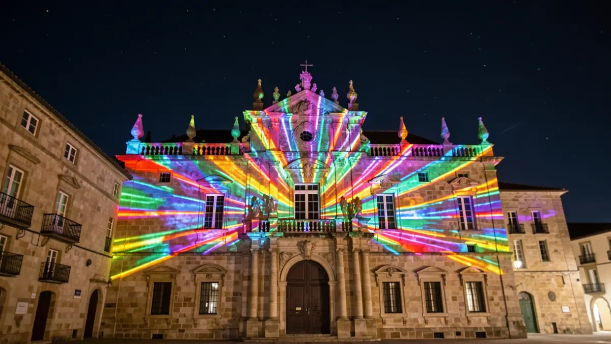 Imaxe xenérica de espectáculos de luz e son na fachada do Pazo de Raxoi.