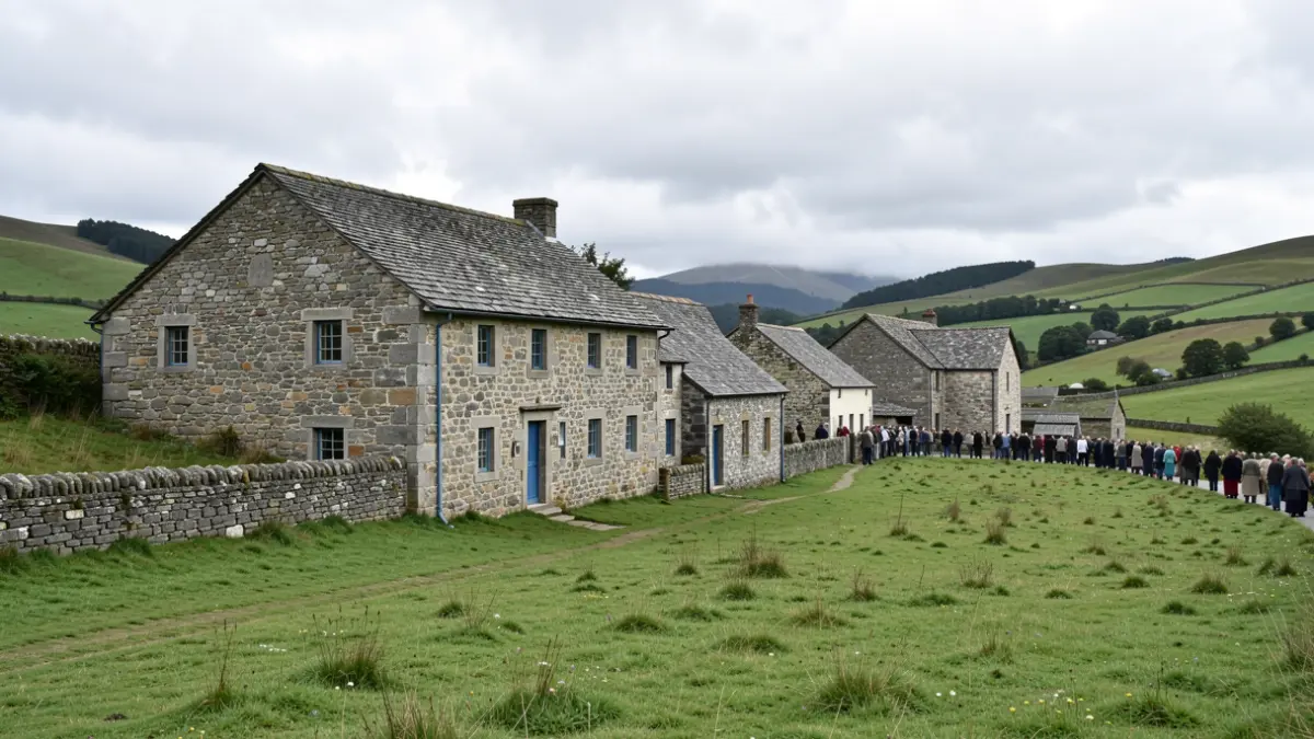 Paisaxe rural na contorna de Agolada con arquitectura tradicional de pedra.
