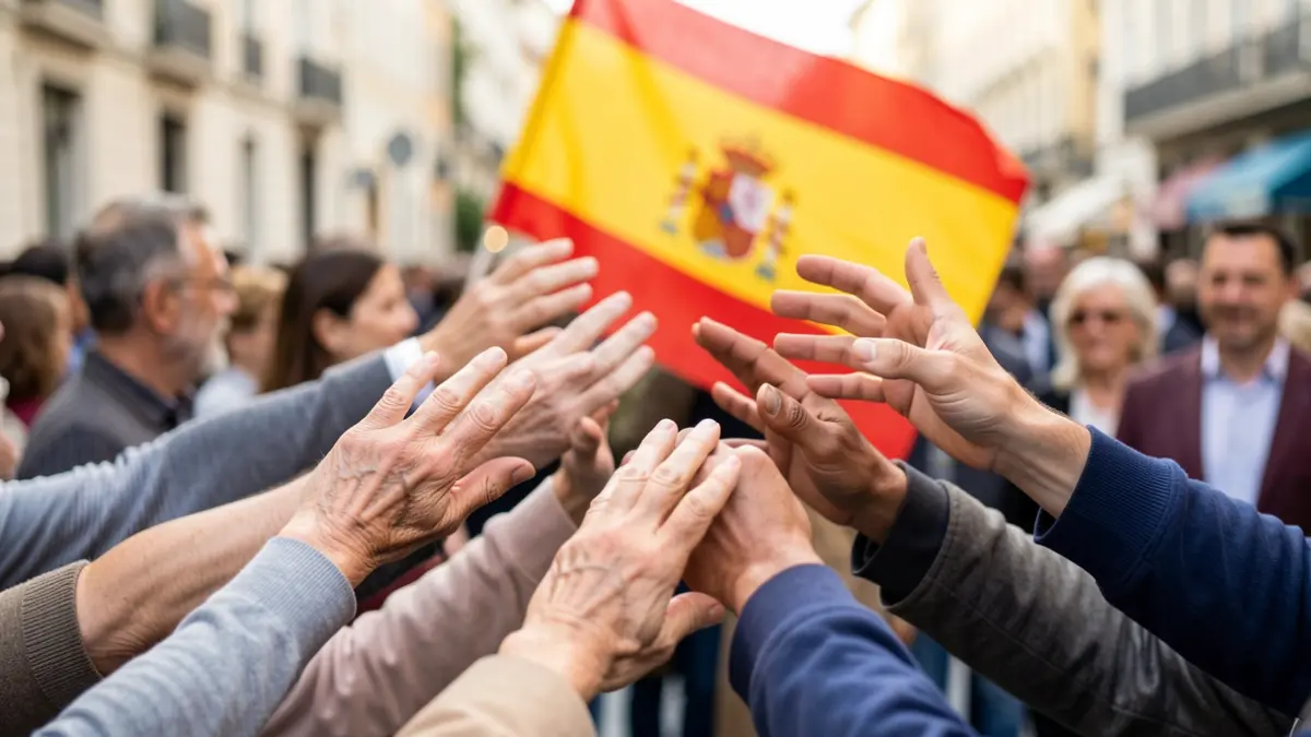 Manos diversas acercándose a una bandera española difuminada, simbolizando la inmigración.