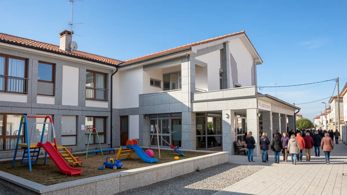 Imagen genérica de una escuela infantil pública gallega con detalles de granito, zona de juegos renovada y muro arreglado.