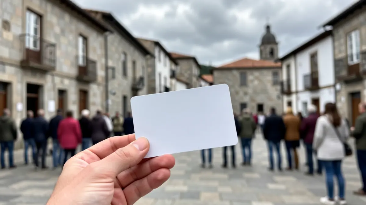 Primer plano de una mano sosteniendo una tarjeta regalo con un fondo desenfocado de una plaza de pueblo gallego con arquitectura de granito y cielo nublado.