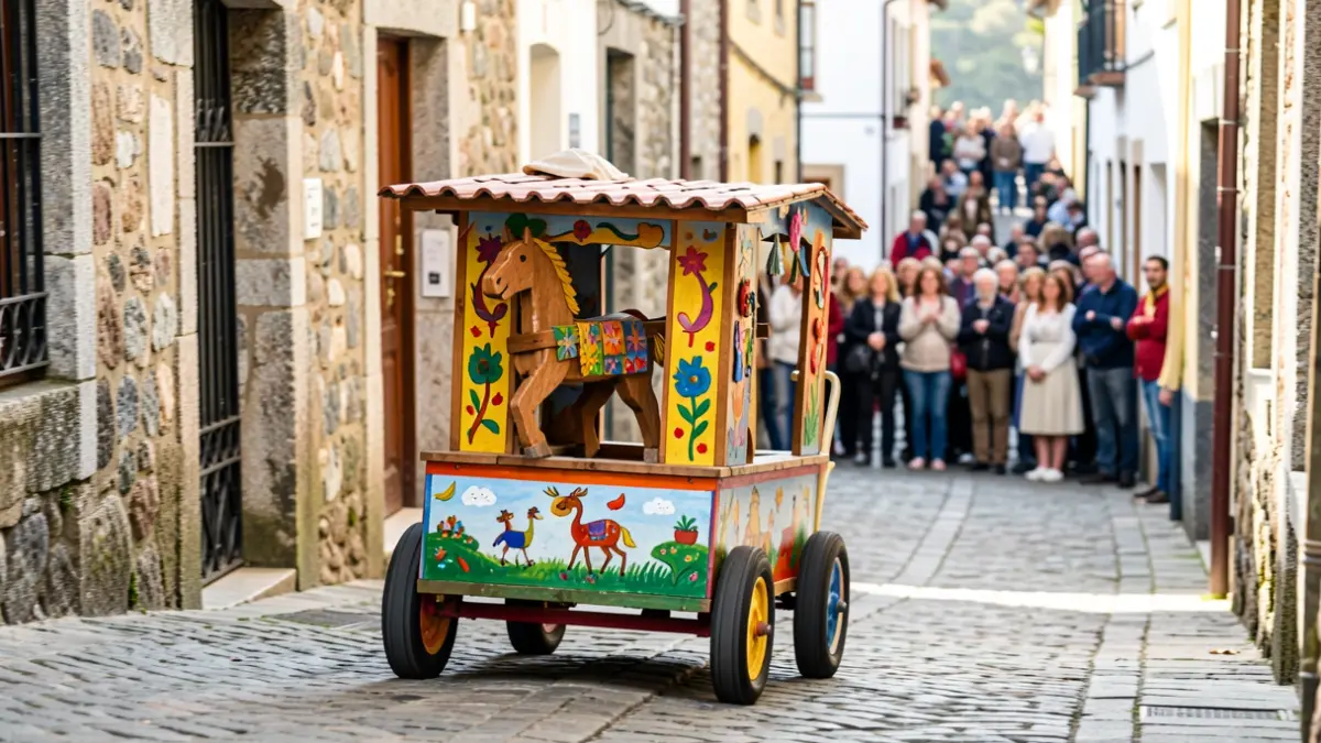 Imagen de un carro casero y colorido con diseño de caballo de madera bajando a toda velocidad por una calle empinada en un pueblo gallego.