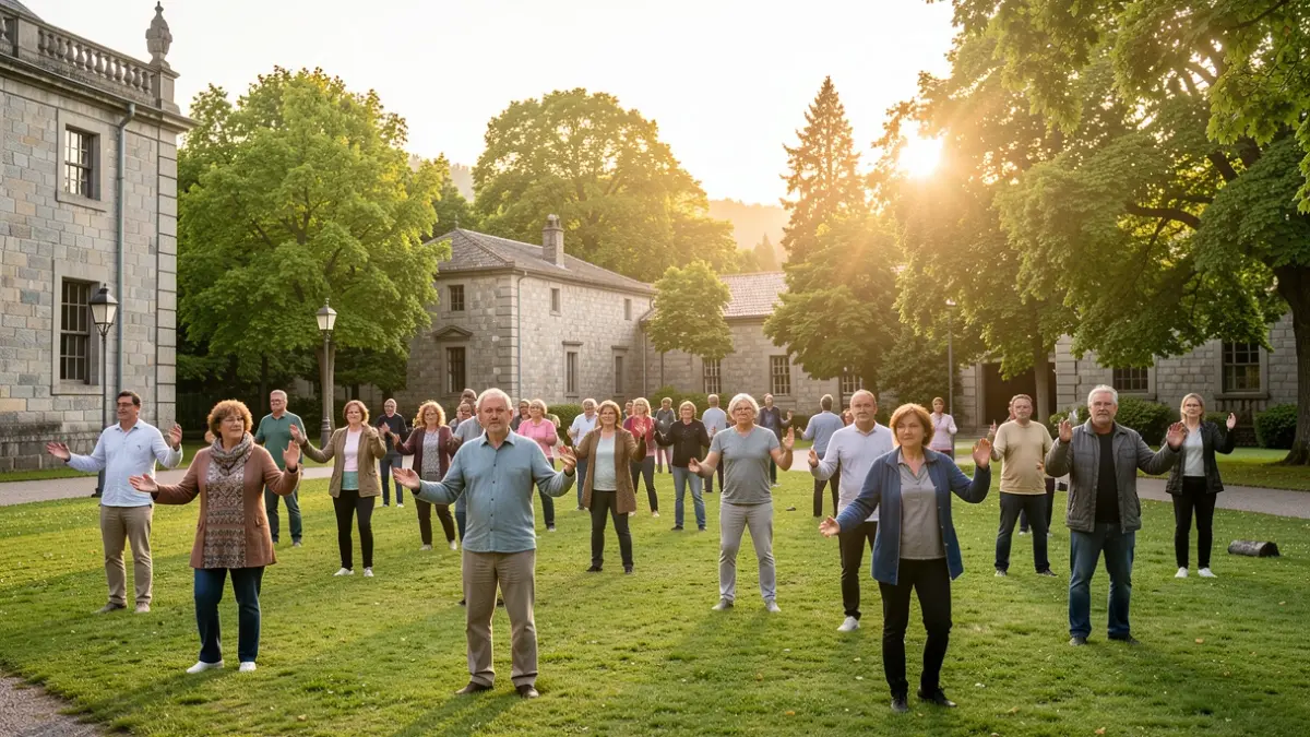 Imagen genérica de personas practicando taichí en un parque gallego al amanecer.