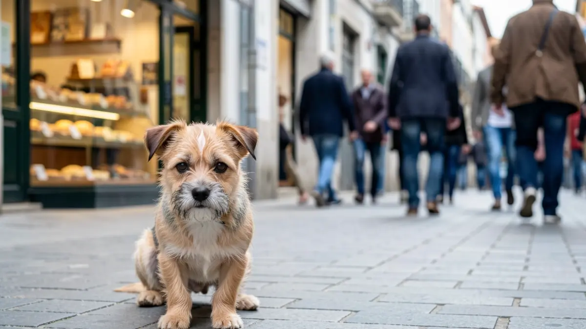 Imagen de un perro en una calle de A Coruña, con gente y una panadería al fondo.