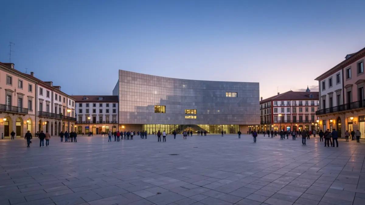 Imagen genérica de la Plaza central de la Cidade da Cultura al anochecer.