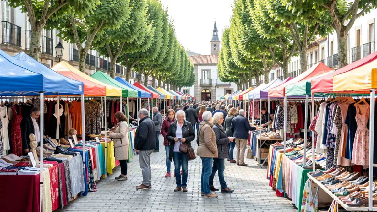 Imagen de una feria al aire libre en Marín con puestos de ropa y calzado.