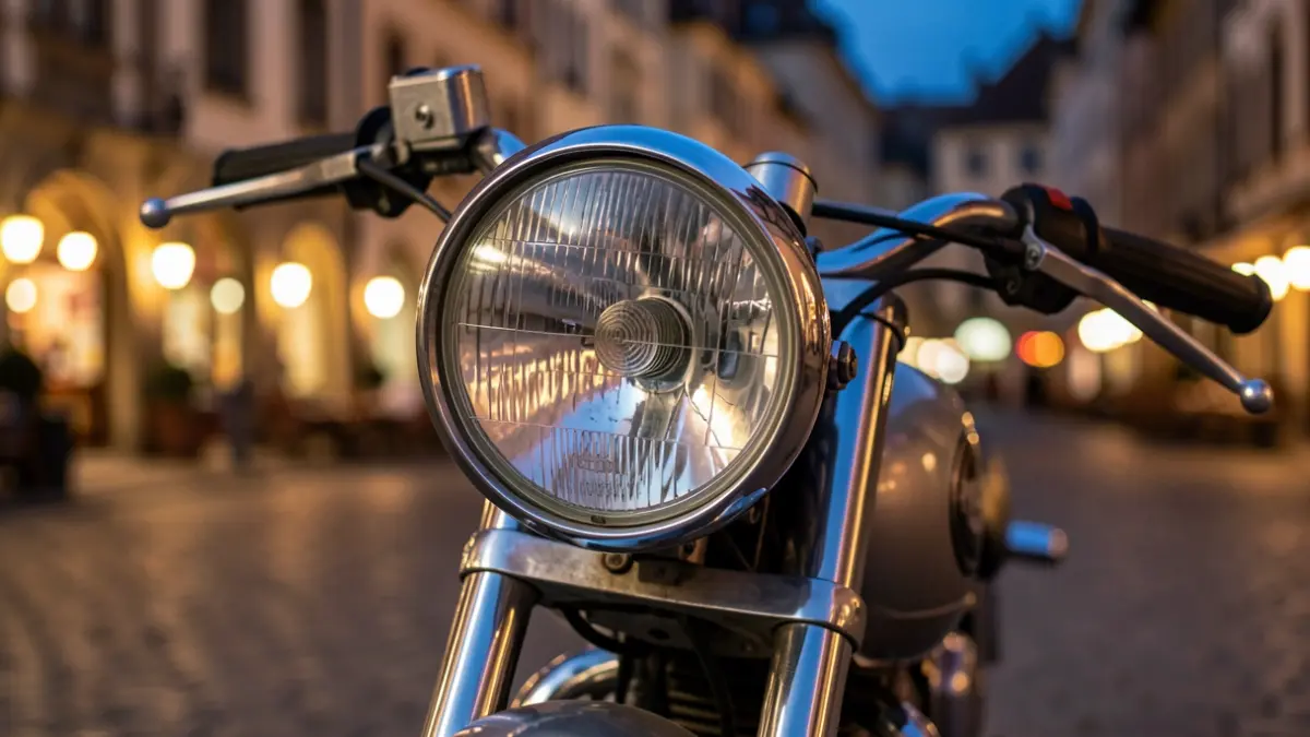 Imagen de una motocicleta clásica en una plaza durante un evento nocturno.