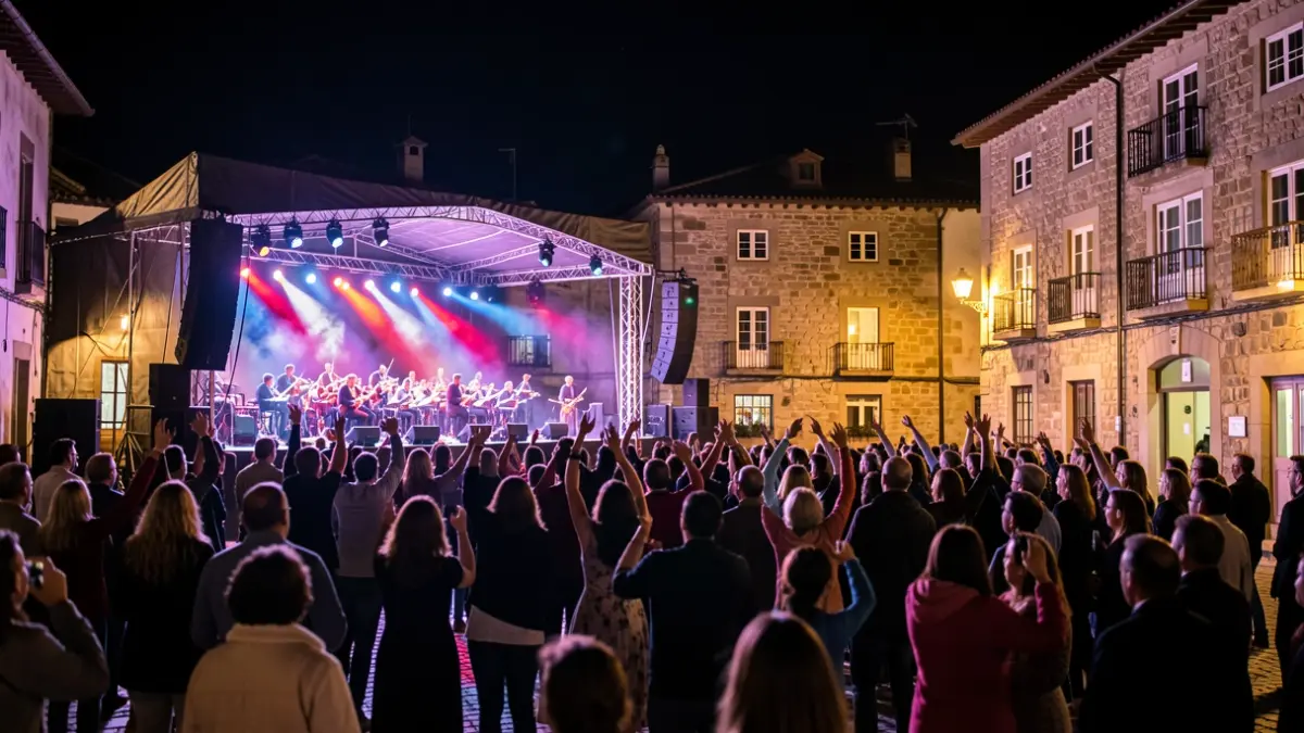Imagen de una plaza de Marín por la noche durante las fiestas del Carmen, con la orquesta París de Noia actuando y el público bailando.