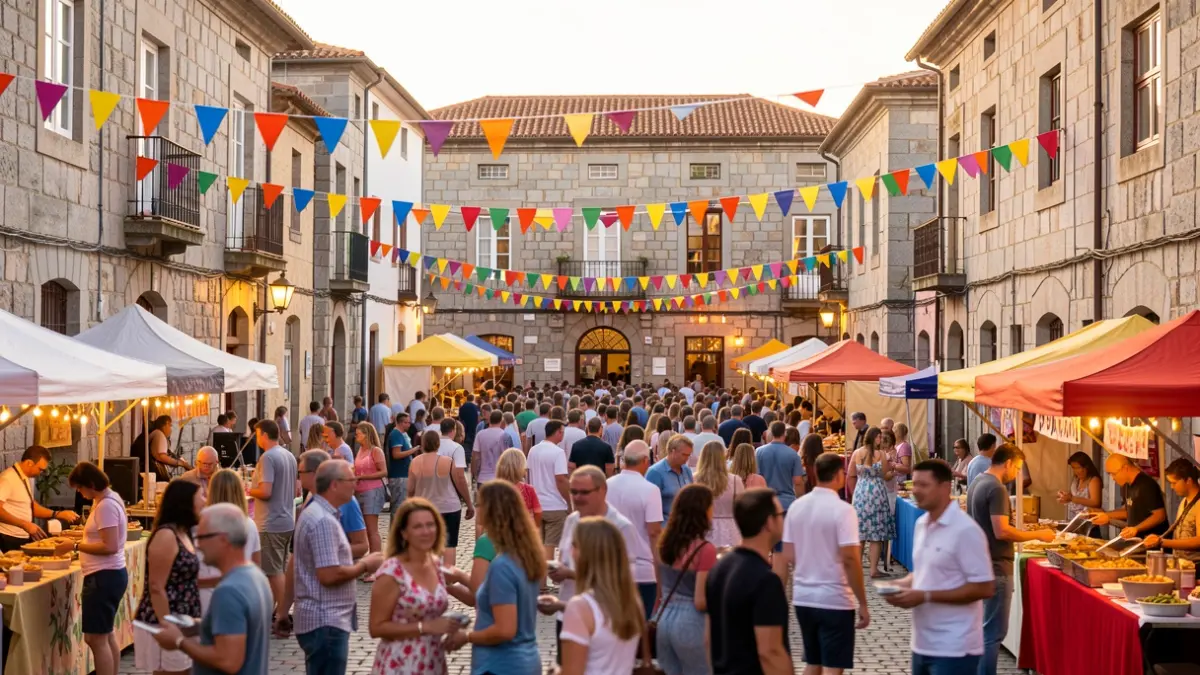 Imagen genérica de una fiesta de verano en una plaza gallega con gente, música y puestos.