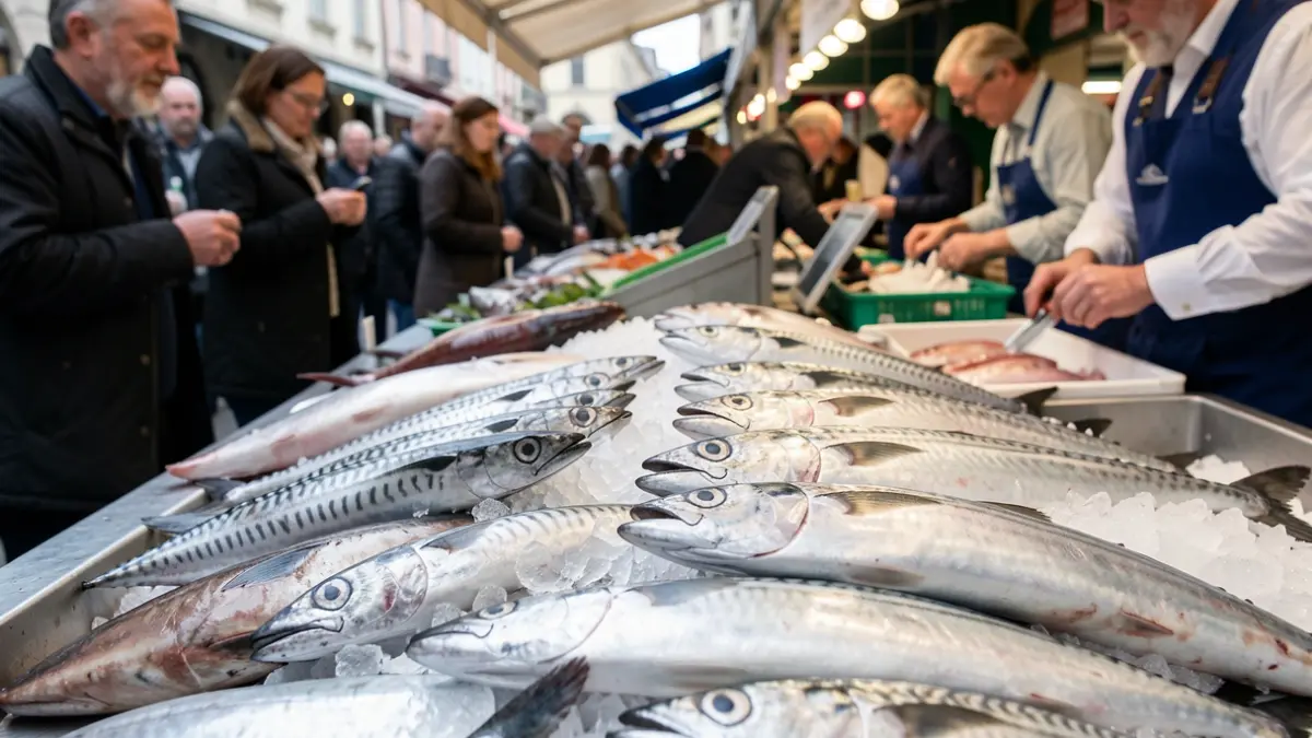 Primeira plana dun peixe bonito e dunha pescada sobre xeo nunha lonxa con poxeiros e compradores ao fondo.