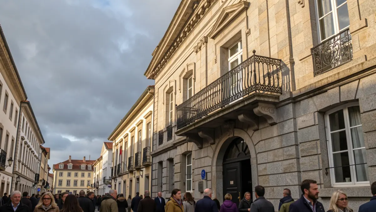 Imagen genérica de una casa consistorial de granito gallego con balcón de hierro bajo un cielo nublado.