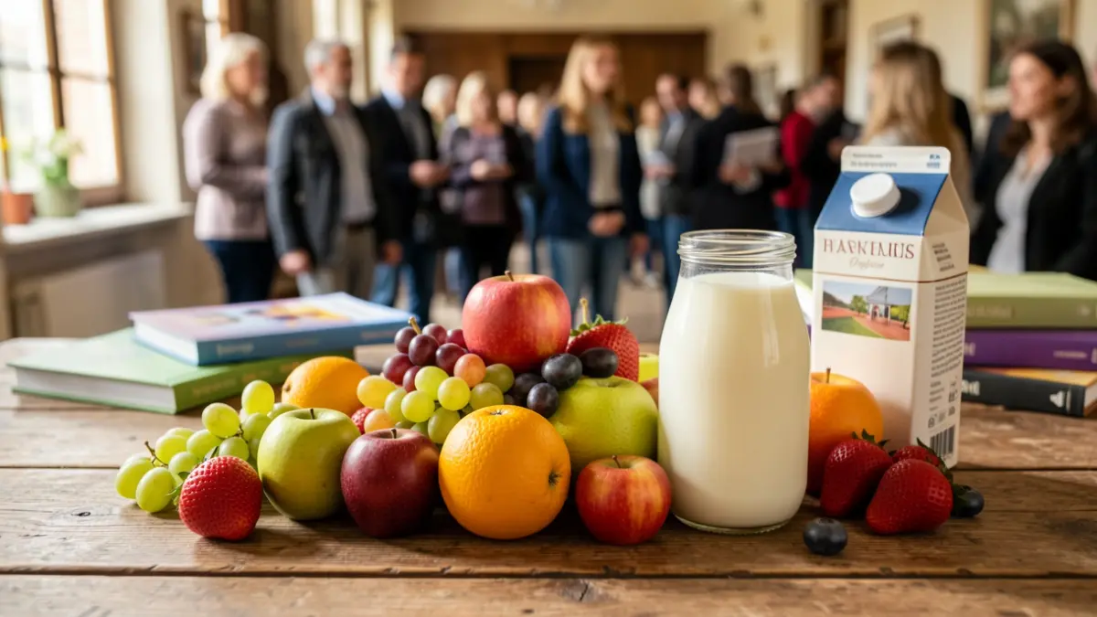 Imagen genérica de frutas frescas y leche sobre una mesa de madera.