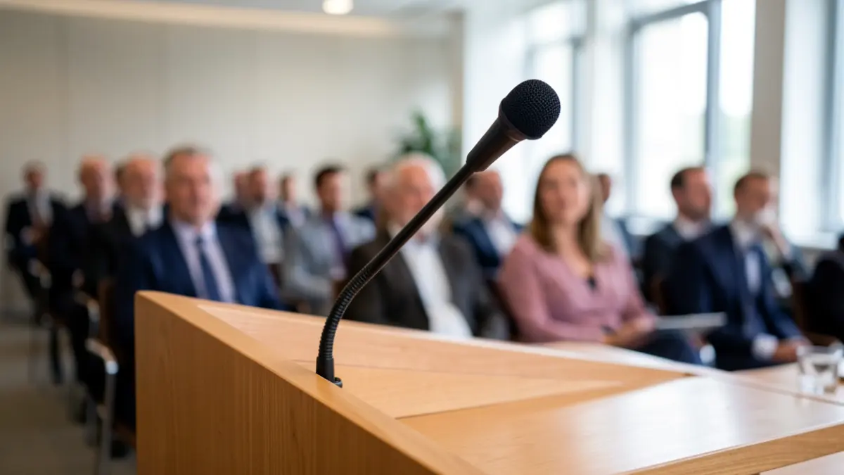 Imagen genérica de un micrófono en un atril en una sala de conferencias.