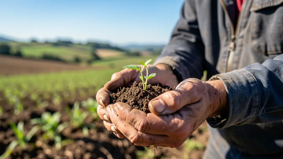 Manos de agricultor sostienen tierra con brotes verdes, campos de cultivo y cielo azul al fondo.