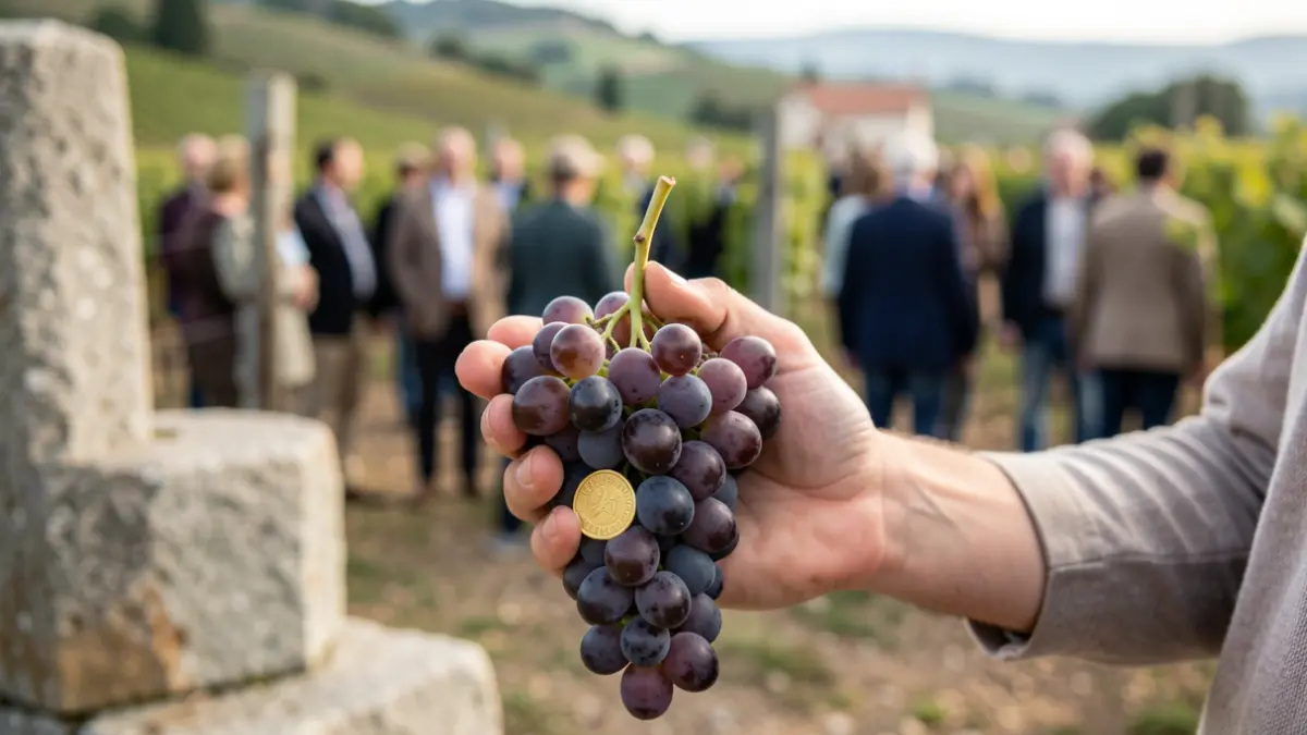 Primeira plana dun feixe de uvas cun selo de calidade, viñedo galego con elementos de granito ao fondo.